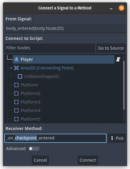 Godot Connect a Signal to a Method dialogue box with the receiver method changed to _on_checkpoint_entered